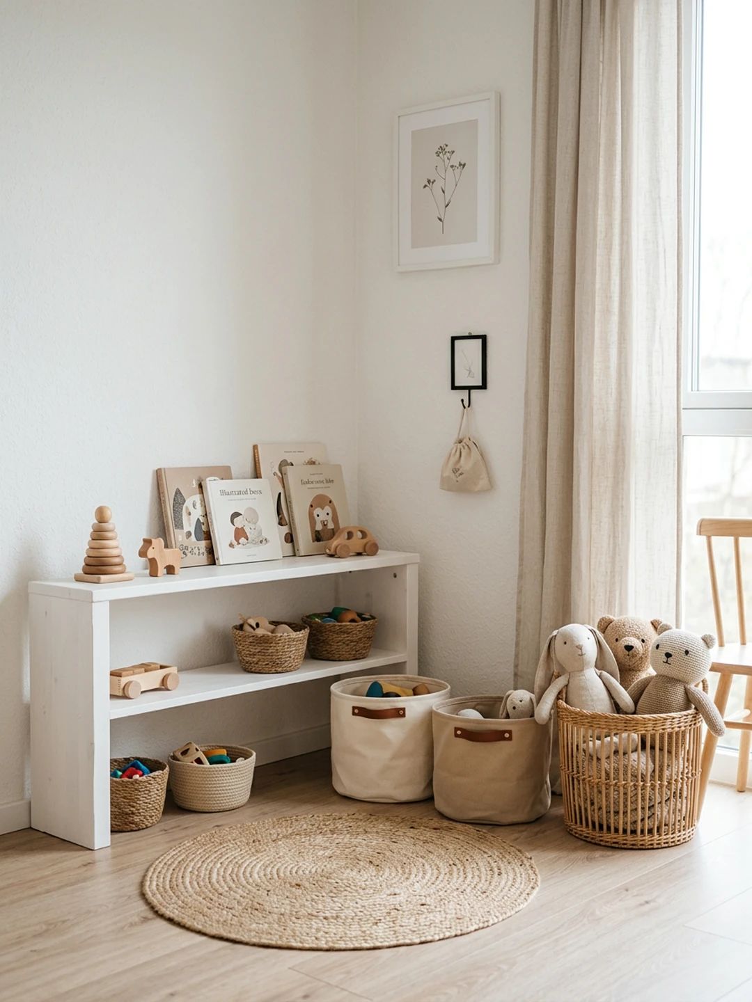 Rincón de cuarto de chicos ordenado con libros, juguetes y canastos