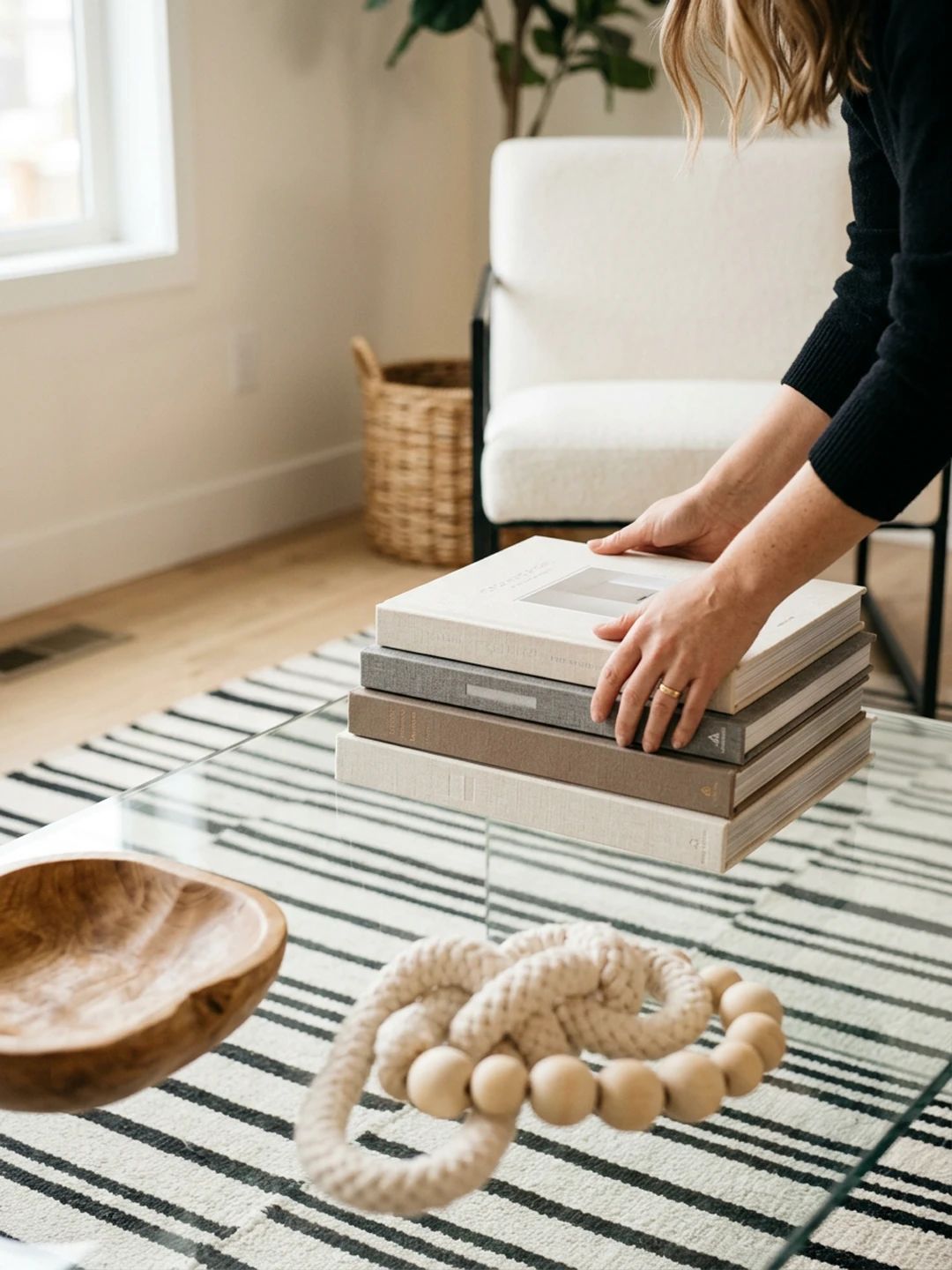 Ambientación de un living con libros y objetos de deco