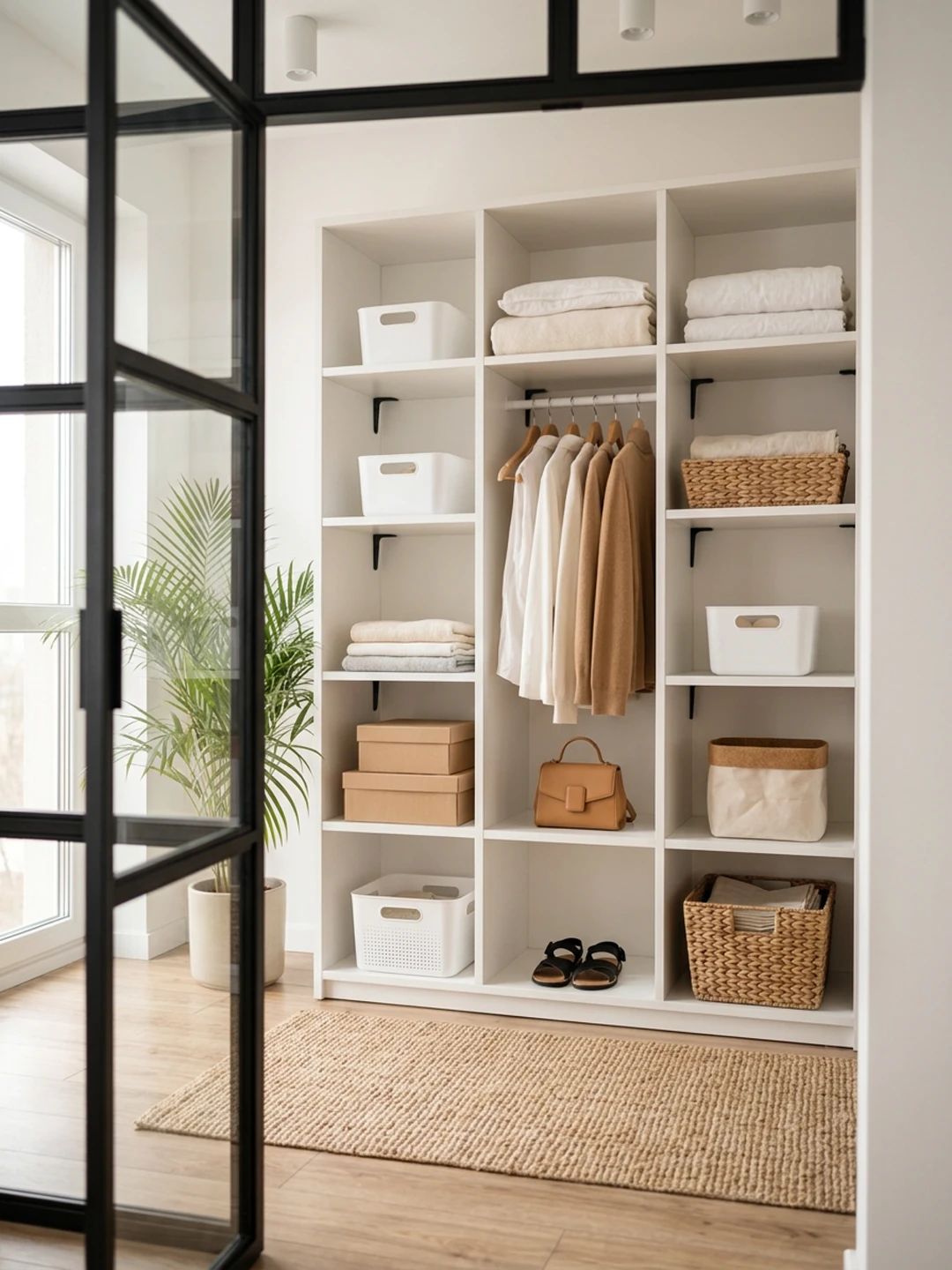 Vestidor ordenado con estantes, canastos y ropa colgada